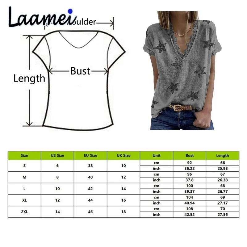 

Laamei Summer V-neck Print Lace T-Shirt Women Casual Loose Top Ladies Short Sleeve Basic Tees Camiseta De Mujer Female Clothing