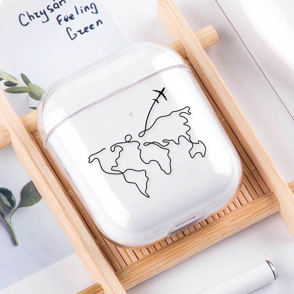 Прозрачный чехол для наушников Apple AirPods 1 2 карта мира жесткая беспроводная