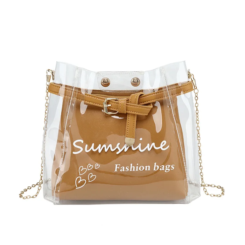 

Summer new women handbag PVC transparent shoulder messenger bag transparent bag letter printing bag stitching belt decoration