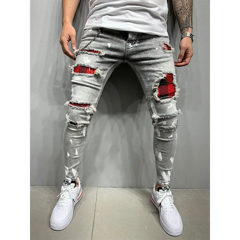 Hole ripped jeans men Slim Fit Skinny jeans Hip hop fashion Streetwear patchwork jeans Elasticity Gothic pants men