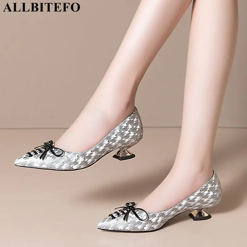 

ALLBITEFO High Quality Genuine Leather High Heels Office Ladies Party Sliver Wedding Shoes Bowtie Women Heels High Heel Shoes