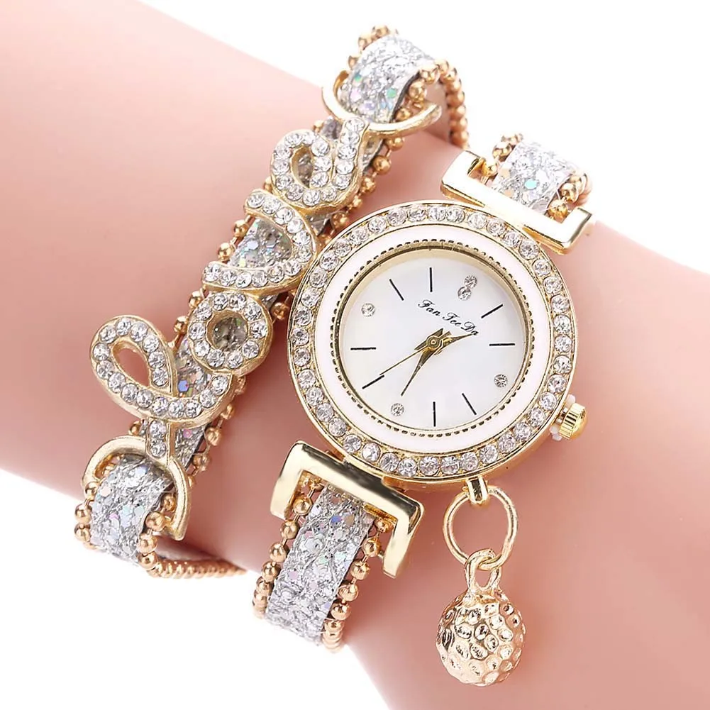 

Модные женские Многослойные кварцевые часы с браслетом, браслет из сплава с кристаллами и надписью Love, наручные часы, ювелирные изделия, под...