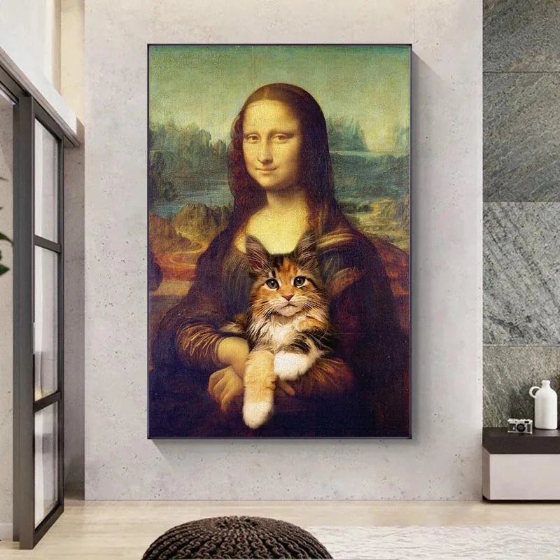 

Mona Lisa Holding the Cat Funny Art Canvas Paintings On the Wall Classical Art Posters And Prints Da Vinci Famous Art Pictures