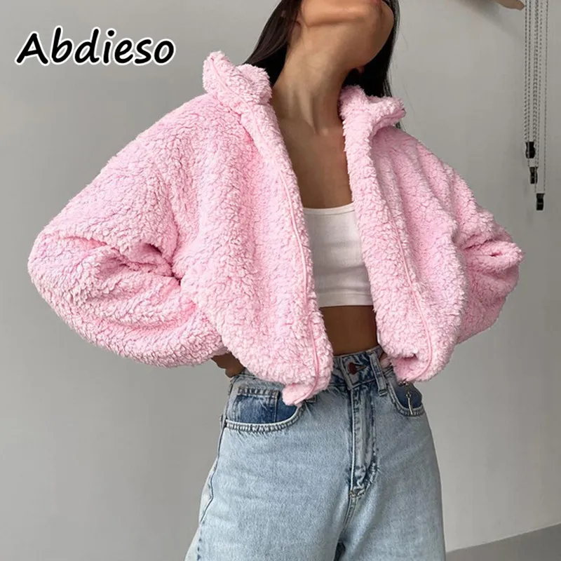 

Женская водолазка с длинным рукавом Abdieso Тедди пальто 2021 белое повседневное осенне-зимнее пальто из искусственного меха модные укороченные...