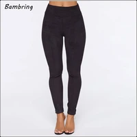 black casual faux suede leather trousers winter women seamless fitness leggings office lady autumn sexy high waist pants custom
