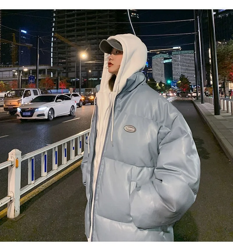 New Autumn and Winter Coat Fake Two Pieces of Leather Cotton-padded Jacket Plus Velvet Thick Warm Loose Simple Down Jacket