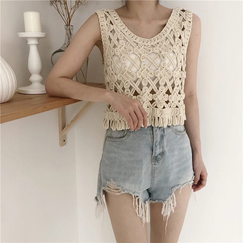 Возможно u образная белая бежевая ткань открытая майка с кисточками без рукавов