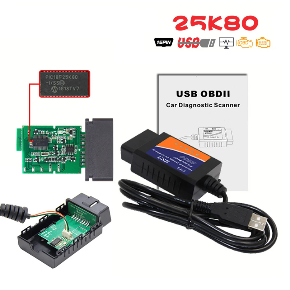 ELM327 USB V1.5 OBD II диагностический кабель с чипом 25K80 OBD2 сканер OBDII для нескольких