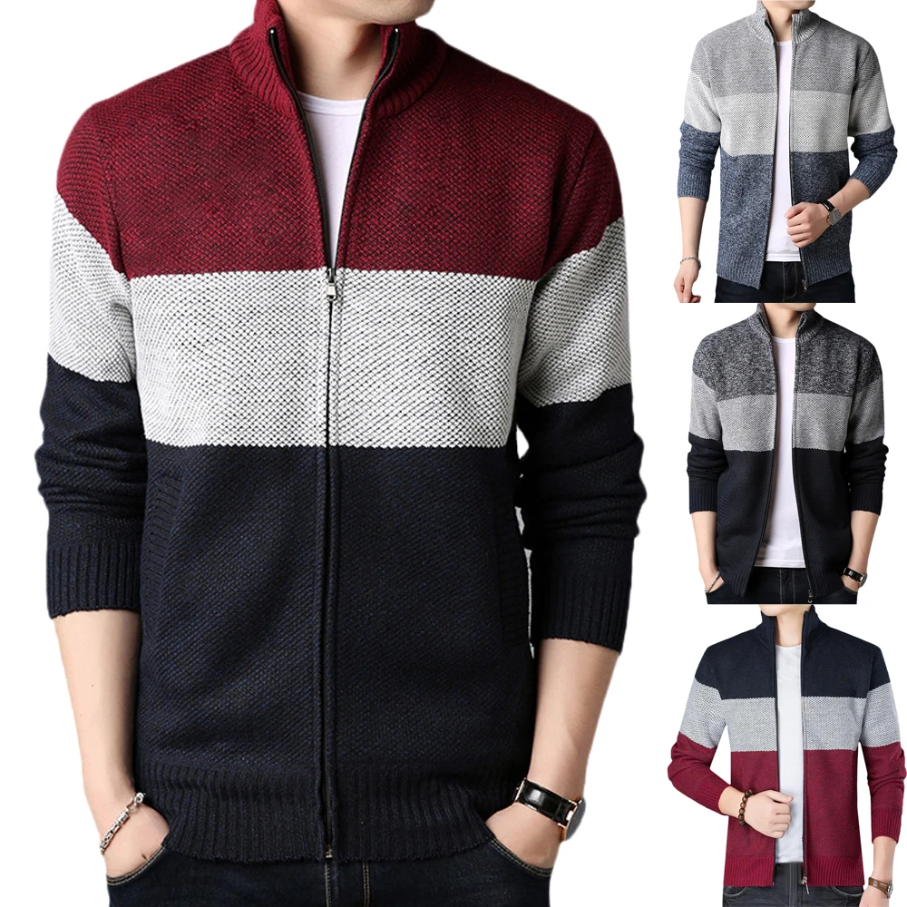 

Cofekate Winter Warm Mens Coat Stand Collar Sweater Knitted Jackets Fashion Striped Zip Up Cardigan Jumper Winter Jacket Men