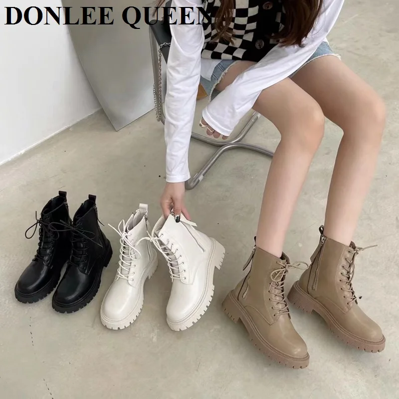 

Autumn Boots Women Shoes Round Toe Ankle Boots Fashion Zipper Convenient Booties Casual Flats Thick Outsole Lace Up Shoes Winter