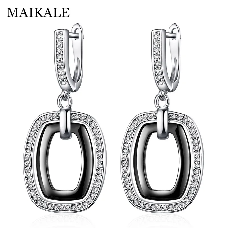 MAIKALE, новинка, модные квадратные Висячие серьги, медь, AAA, кубический цирконий, черный, белый, керамический, золотой, серебряный цвет, серьги для женщин, подарок - Окраска металла: silver black