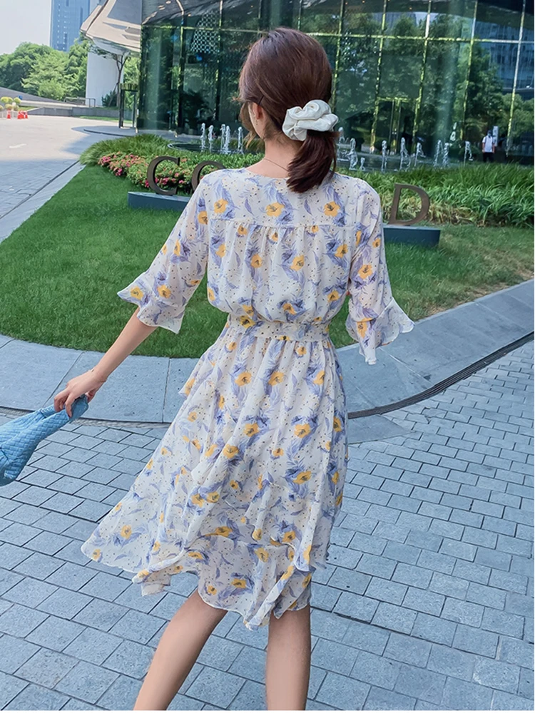 

Ruffle Elegant Boho Beach Vacation Dresses Women Midi Beige-white Chiffon Floral Dress Summer Runway Korean Vintage Party Dress