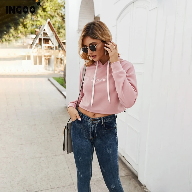 INGOO Simplicity женские укороченные толстовки с вышивкой повседневный сексуальный