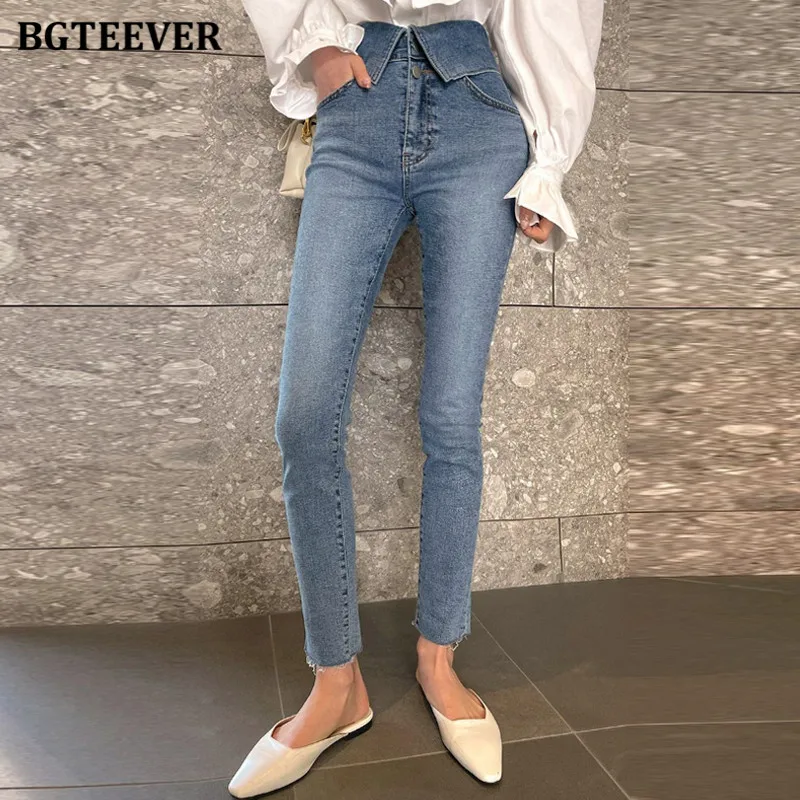 

BGTEEVER Stylish Chic Double Button High Waist Pencil Jeans for Women 2021 Spring Summer Casual Skinny Female Denim Trousers