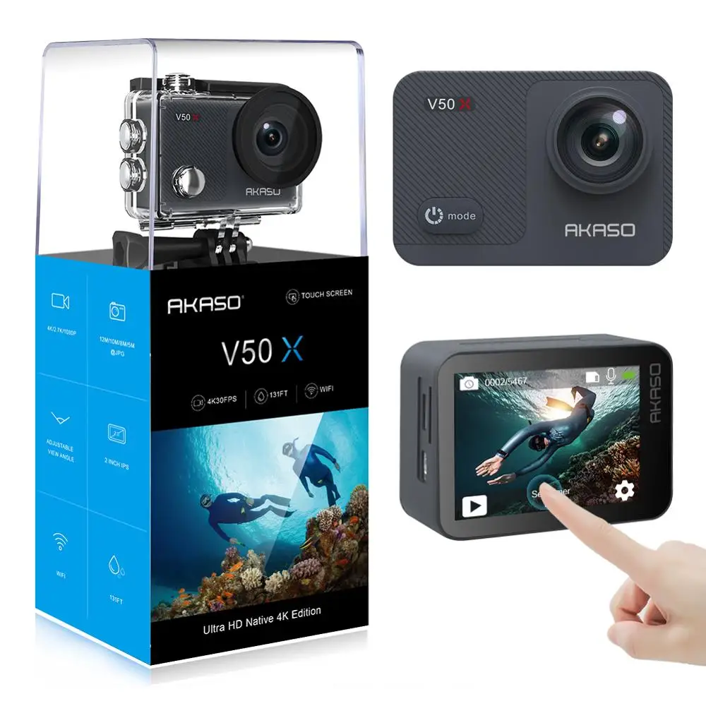 

AKASO V50X WiFi Action Camera Native 4K/30fps 2'' EIS Touch Screen 170° View 131ft Waterproof Video Recording Cameras Sports Cam