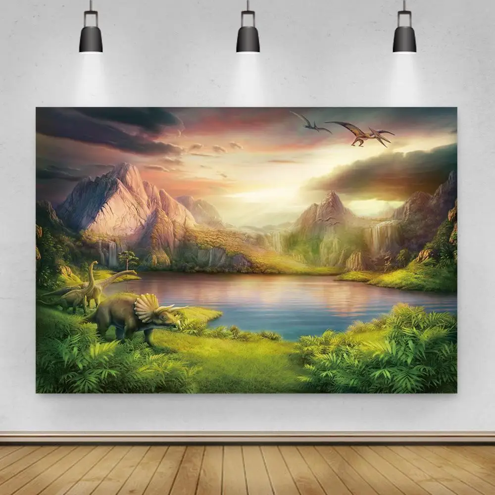 

Jurassic Park World Forest Scenic Photography Background Lake Mountains Dinosaur Kids Birthday Backdrops For Photo Decor