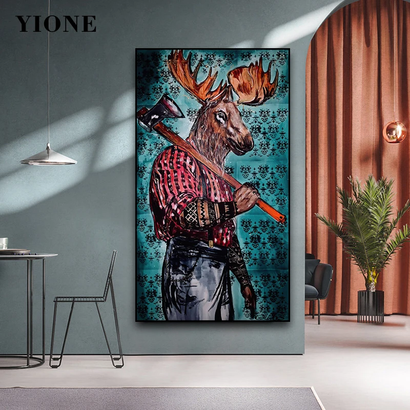 

Strong Axe Man Deer Cattle Oil Painting Custom Abstract Animal Art Canvas Poster Print Wall Picture for Living Room Decoration