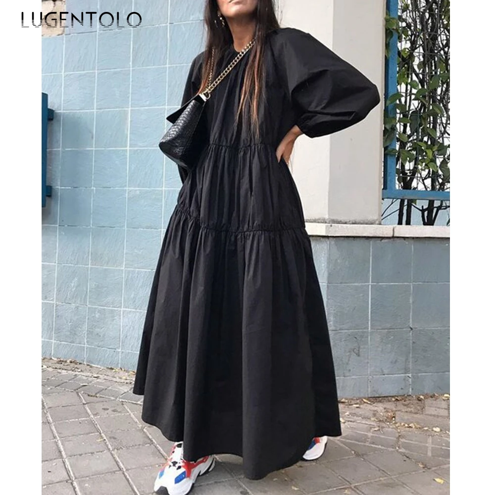 

Long Dress Women Plus Size Solid Color Big Swing Long Sleeve Round Neck Loose Casual Floor-Length Autumn New Dresses Lugentolo
