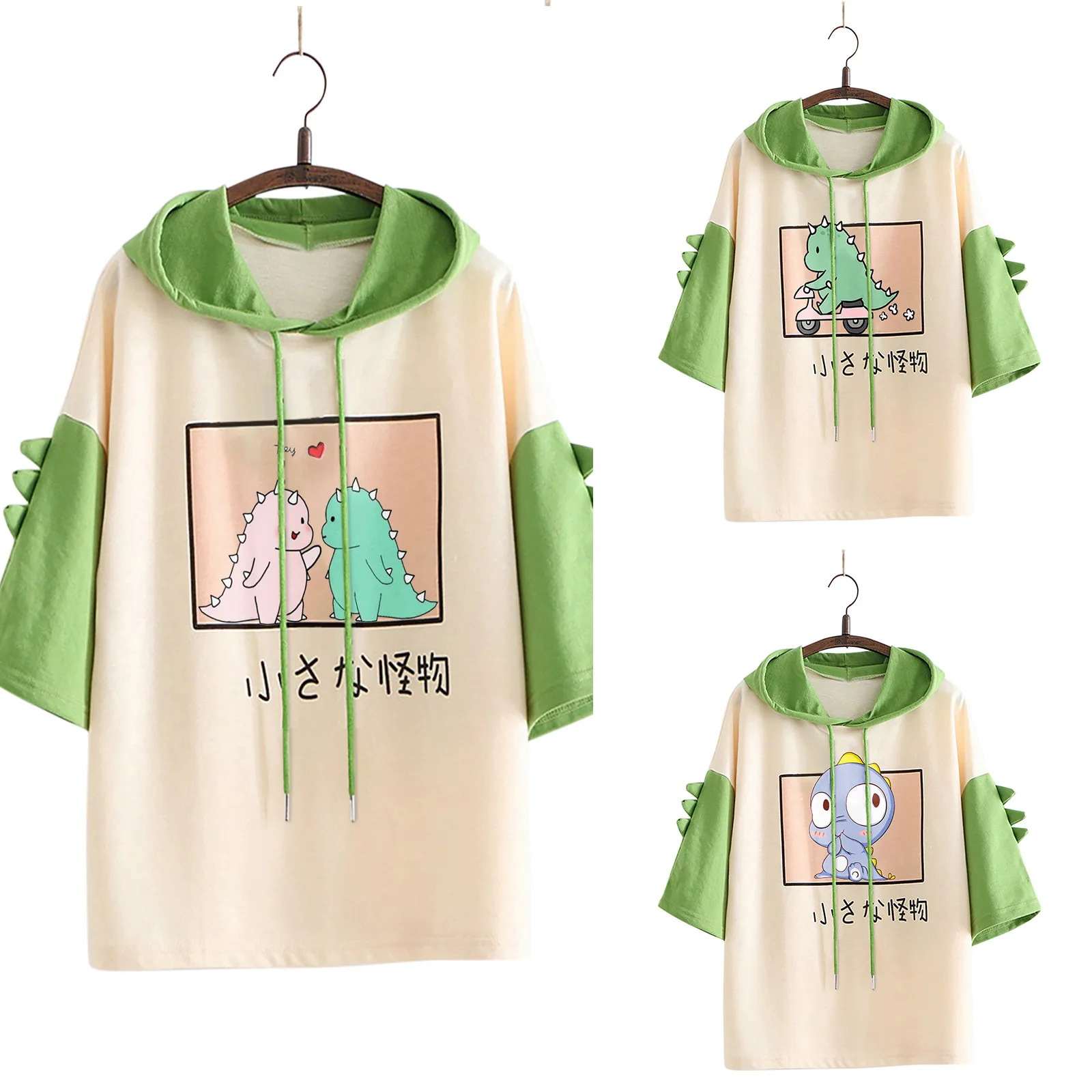 

Women Dinosaur Print Sweatshirts With Horns Sweet Style Short Sleeve Cotton Hoodies 2021 Summer Girls Hoodie Harajuku Pullovers