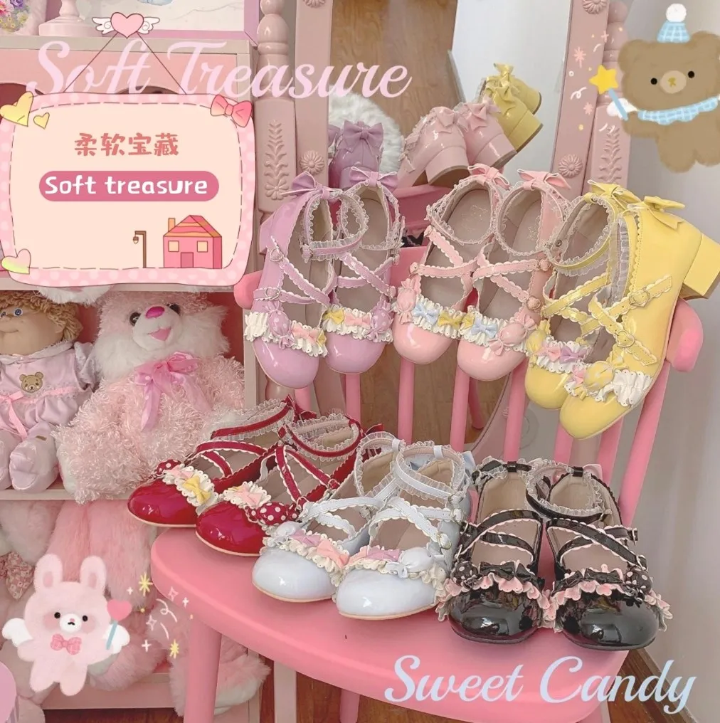 

Original Lolita Lace Bowknot Soft Sister Sweet Cute Grace Thin Shoes PU Round Toe Shoes Wave Point Candy Accessories Multicolor