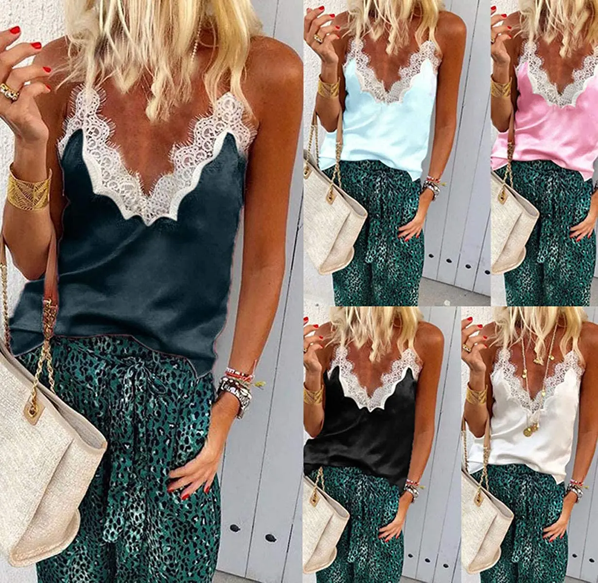 

Hirigin 2021 Gothic Summer Women Sequined Tank Top Sexy Strappy Camis Lace Satin Silk Sequin Top Ropa Mujer Tee Top Blouse