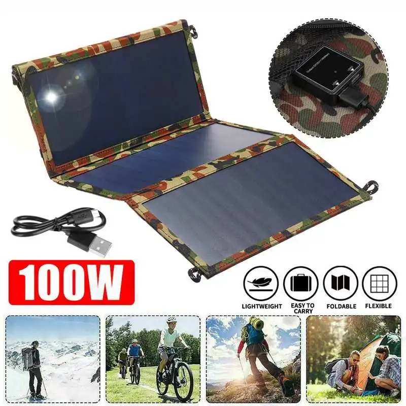 Скидка 100W Солнечная Зарядное устройство USB складной чехол для телефона путешествия Зарядное устройство с солнцезащитным Мощность Панели солнечны...