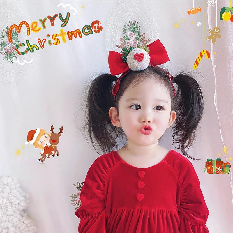 

Red Antlers Bowknot Headbands for Girls Christmas Hairbands Festival Kids Head Hoop Pom Ball Headwear Party Hair Accessories