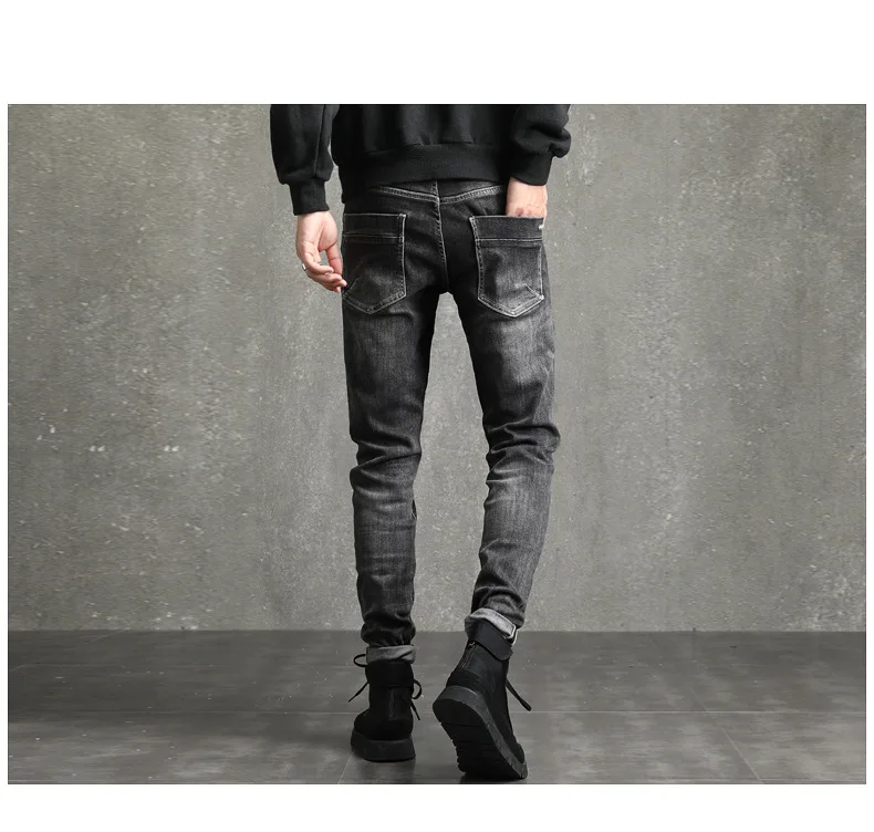 

European And American High Street Retro Black Washed Slim Elastic slim fit Jeans Men's Pants Jeans Casual Pants