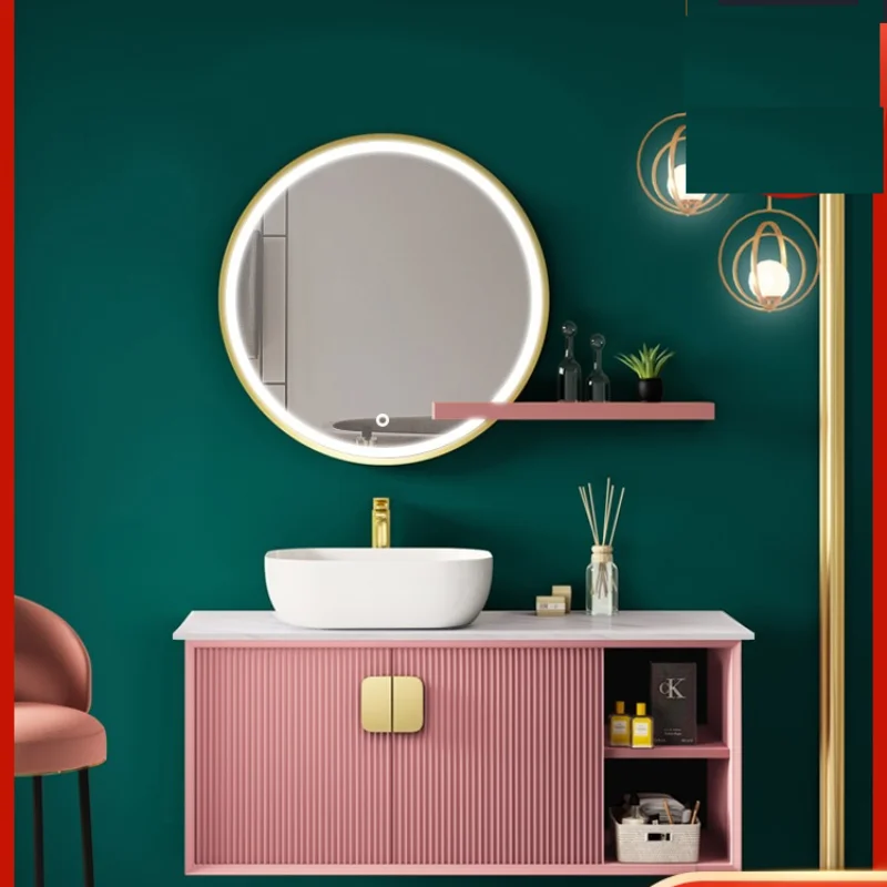 

zq Light Luxury Bathroom Cabinet round Mirror Combination Bathroom Face Washing Wash Basin Washstand White