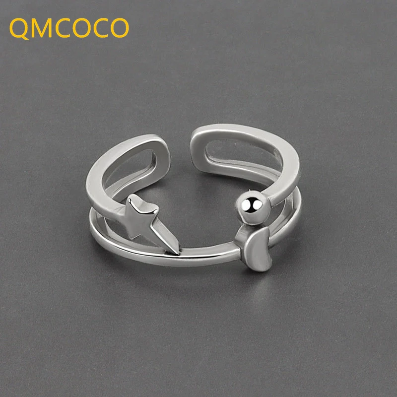 

QMCOCO 925 Серебряное простое двухуровневое кольцо в форме Луны звезды для женщин винтажные модные вечерние ювелирные изделия открытые регулир...