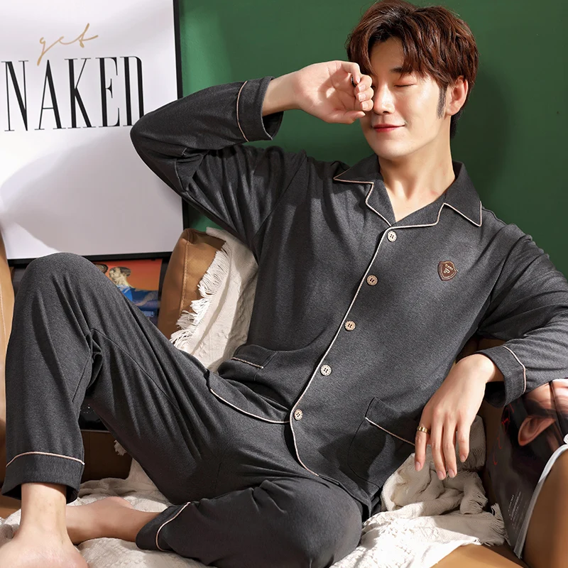 New autumn and winter long-sleeved men's pajamas, pure cotton lapel solid color casual cotton plus size