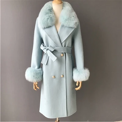 Blue MAOMAOFUR кашемировое шерстяное пальто воротник из натурального Лисьего меха пиджак с манжетами с поясом Зима Осень Женское шерстяное пальто - Цвет: Blue
