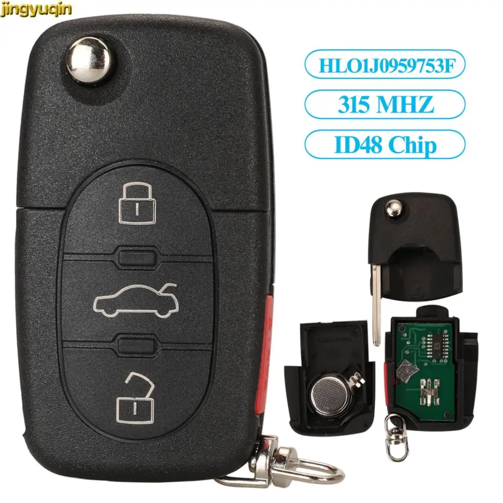 

Jingyuqin 10pcs Remote Car Key Fob Control 315MHZ ID48 Chip For Audi A2 A3 A4 A6 A8 TT Quattro HLO1J0959753F 3+1 Buttons