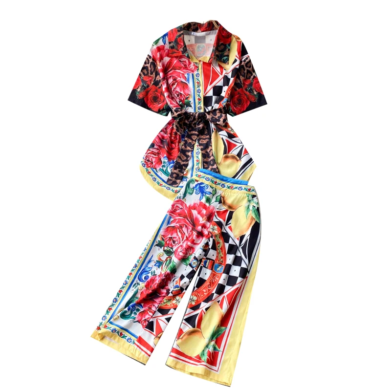 

In Women's Summer New Fashion Short-sleeved Print Shirt Tops + High-waisted Broad-legged Trousers Two-piece Sets T178