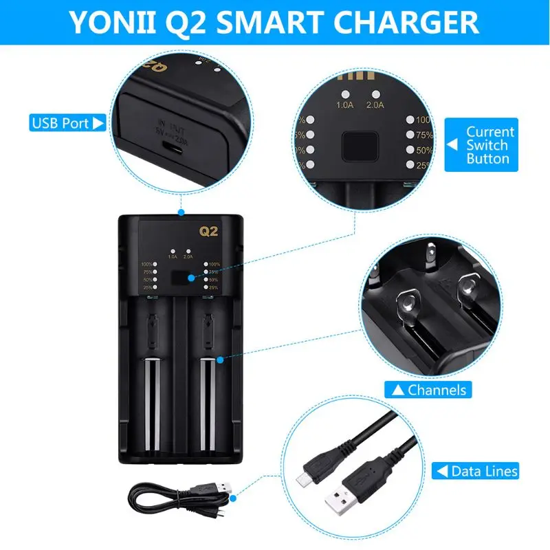 2 Слоты USB быстрое зарядное устройство адаптер для 18650 20700 21700 26650 18350 10500 зарядное устройство для никель-кадмиевых или никель-металл-AAA литиевая батарея li-ion никель-металл-гидридных и никель-кадмиевых типов аккумуляторов мА/ч. аккумулятор