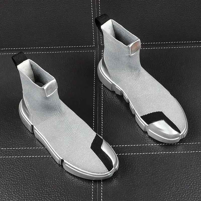 Мужские сетчатые кроссовки черные дышащие с высоким верхом на толстой подошве