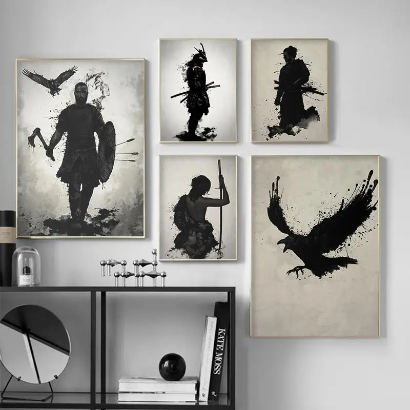 

Japanese Black Ink Canvas Poster Anime Samurai Eagle Shadow Print Home Decor Retro Wall Art Painting for Living Room Decoration
