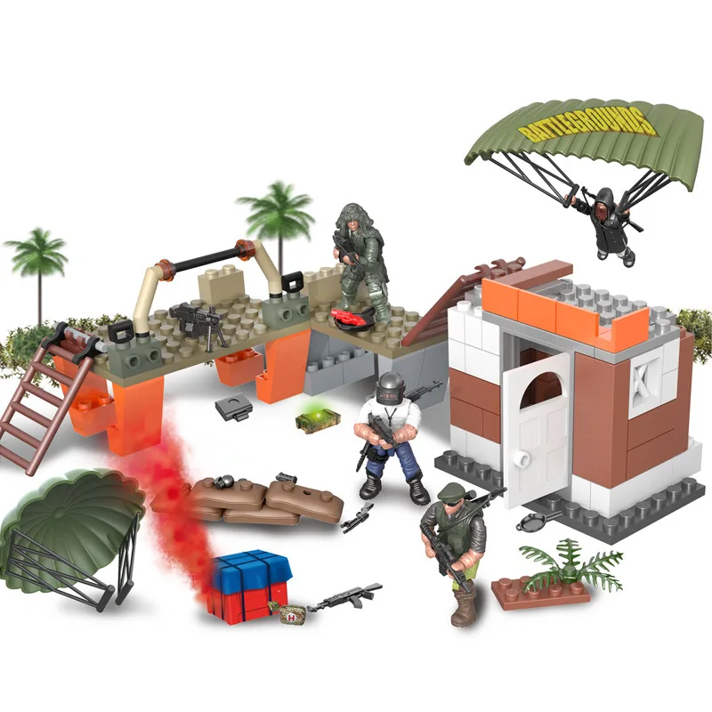 Survival game toys 4pcs anime figure 4 in 1 battlegrounds scene building block weapon gun accessories diy ducational toy for boy | Игрушки и
