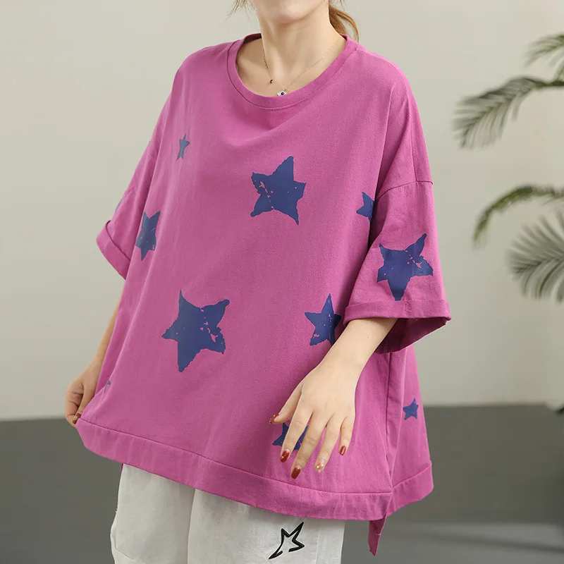 

SOUL OF TIGER 2021 Street Style Summer Tops Girls Pentagram Printed Loose Tees Women Oversized Irregular Design Tshirts Big Size