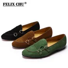 Мужские замшевые лоферы FELIX CHU, повседневная обувь для джентльменов на свадьбу, без застежки, черные, коричневые, зеленые, кожаные мужские классические туфли на ремешке