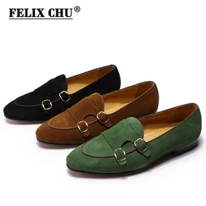 Мужские замшевые лоферы FELIX CHU, повседневная обувь для джентльменов на свадьбу, без застежки, черные, коричневые, зеленые, кожаные мужские классические туфли на ремешке