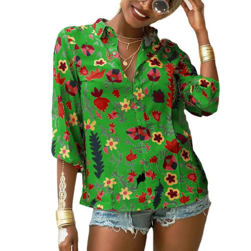 

2021 Autumn New Chiffon Top Floral Print Long Sleeve Buttons Women Shirts Blouses Donsignet