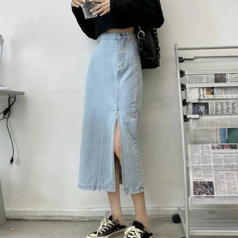 

Chic High Waist Side Slit Denim Mid-Length Skirt Vintage Harajuku Solid All-match Jean Skirts Women Clothing Streetwear