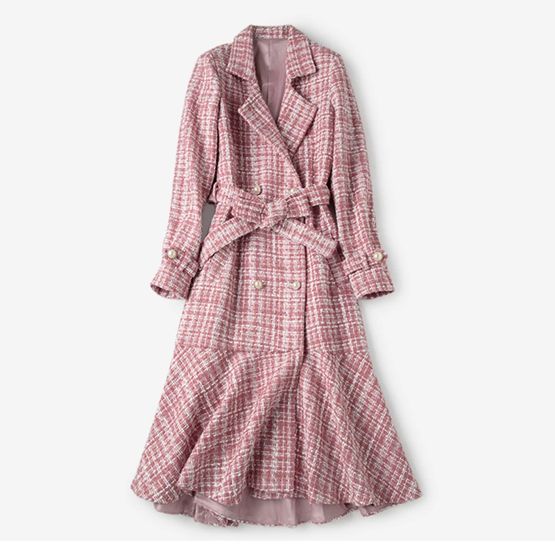 

Autumn Winter Pink Plaid Tweed Wool Long Coat Women Notched Double Dreasted Sashes Ruffles Woolen Overcoat Mermaid Outerwear B67
