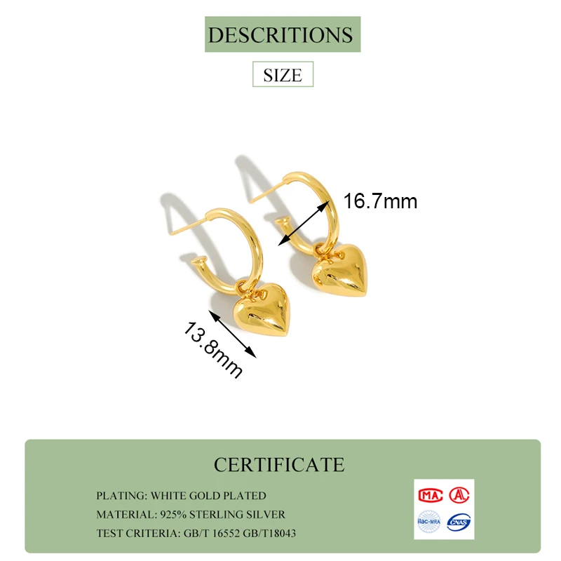 

VIVILADY 100% 925 Sterling Silver Cute Heart Pendant Round Circle Women Hoop Earrings Chic Romantic Female Girl Fine Jewelry