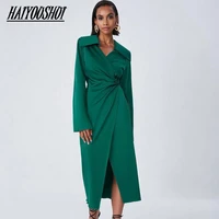lady v neck satin wrap elegant long dress women green long sleeve a line mid cal dresses high waist split dress 2022