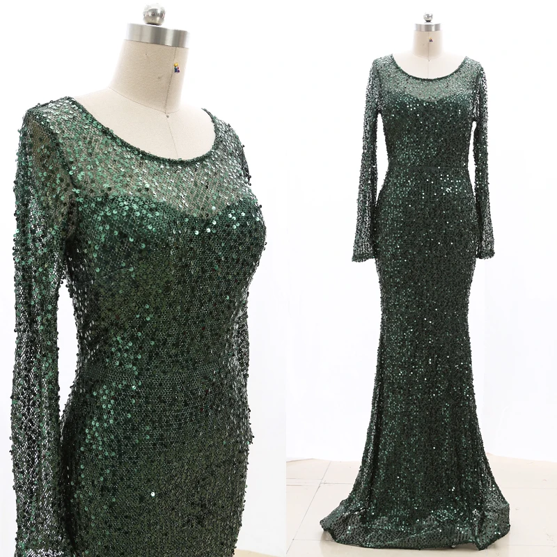

Женское длинное платье с блестками, темно-зеленое платье с длинным рукавом и круглым вырезом, расшитое блестками, с юбкой годе, 20210223-002