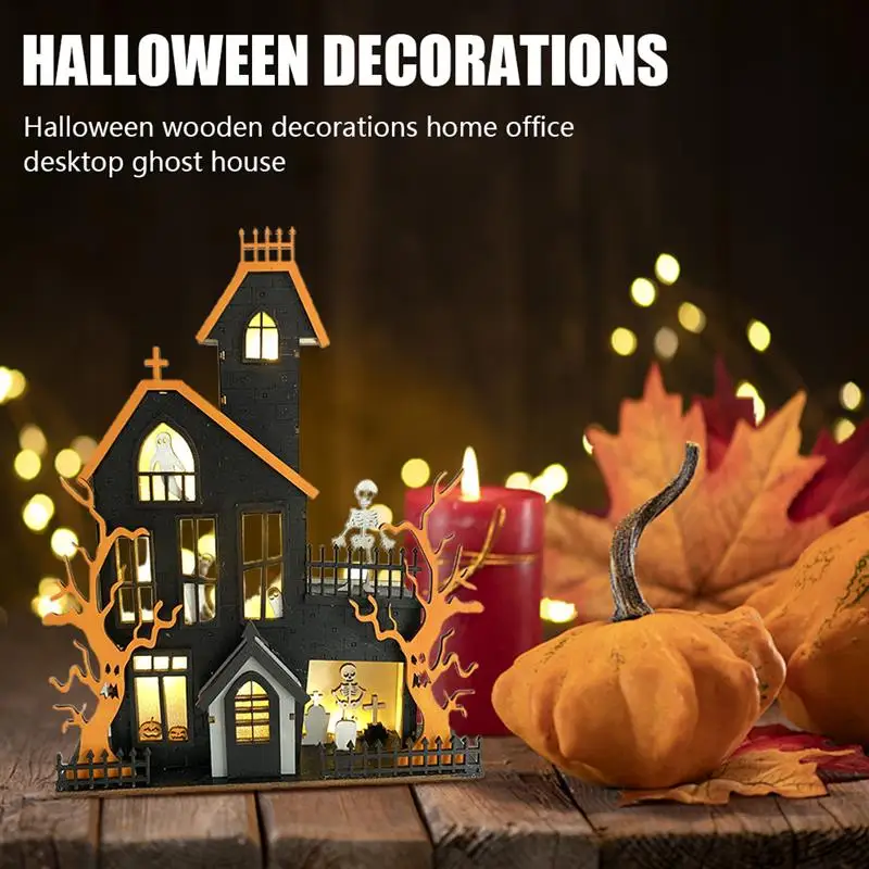 

Wooden Haunted House Halloween's Table Decorations LED Lamp Party Dinner Glowing Ghosts Elves Home Decor Night Light Gifts