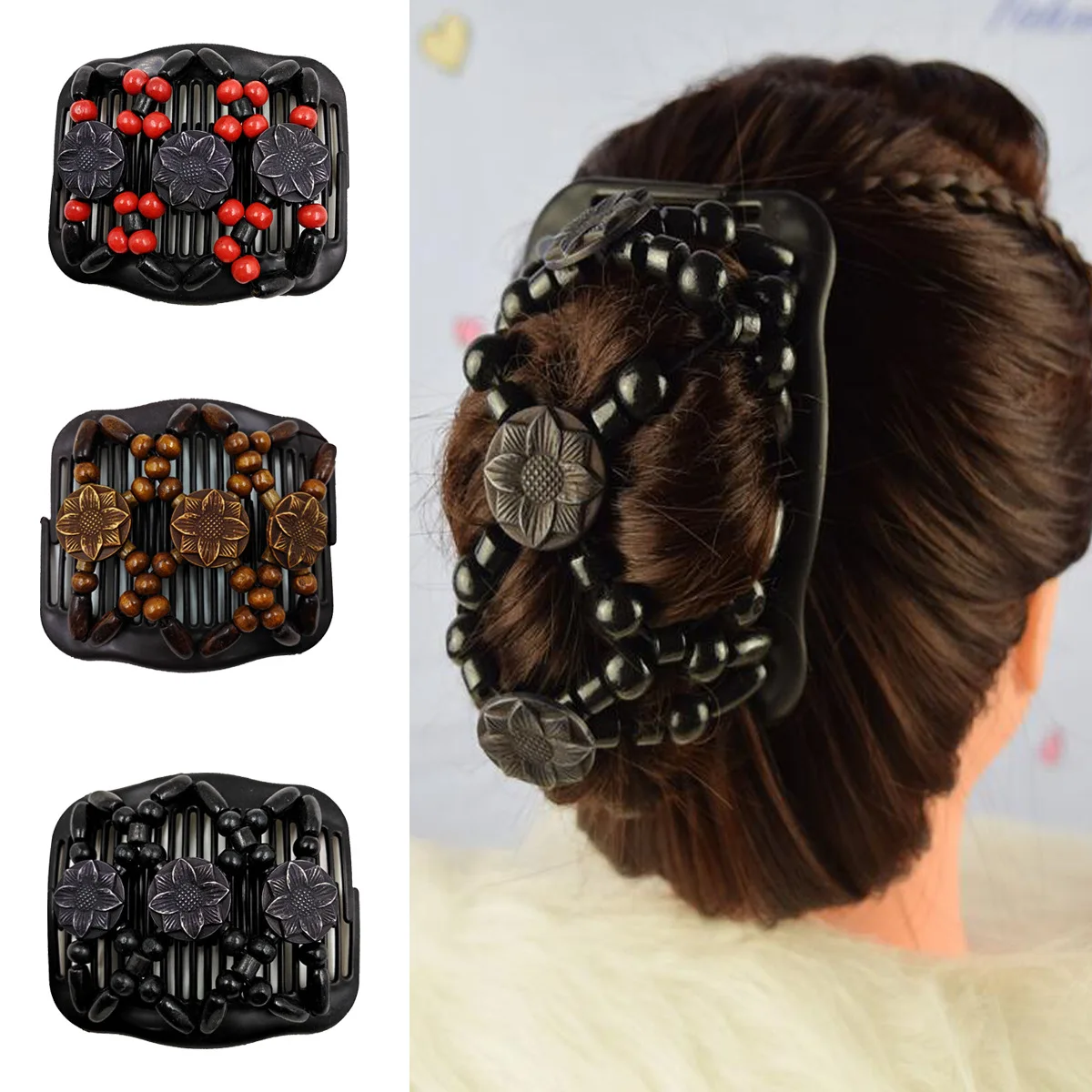 

Women Retro Pearl Beads Elastic Hair Combs Double Slide Magic Bun DIY Hairstyle Making Tool Metal Novelty Hair Clip Accessories