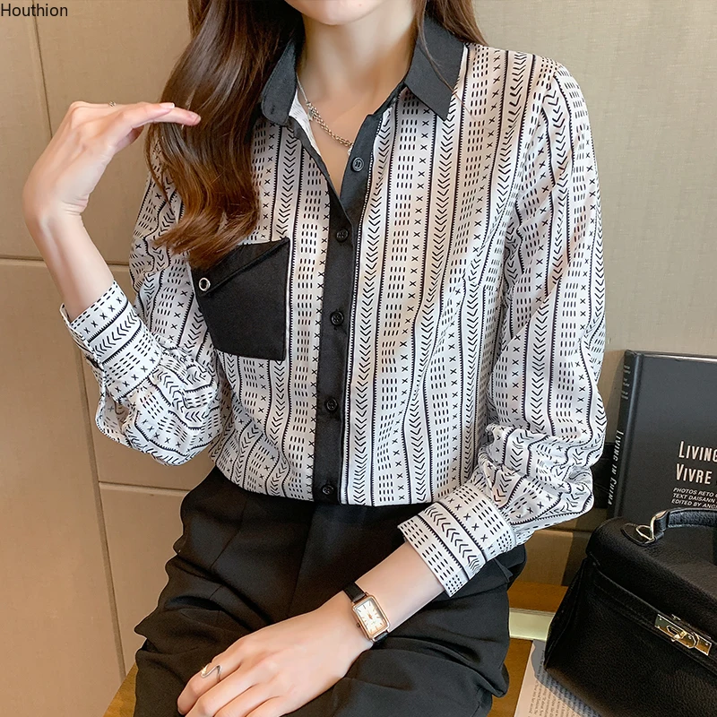 

Autumn Women's Blouse New Top Long Sleeve Polo Shirt High-end Fashion Casual Loose Girl Stripe Printing Satin